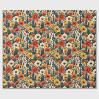 サボテン野生の花レッドクリーム花模様デコパージュ ラッピングペーパー