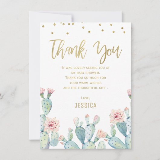 サボテン金ゴールド書のベビーシャワーサンキューカード 招待状 (正面)