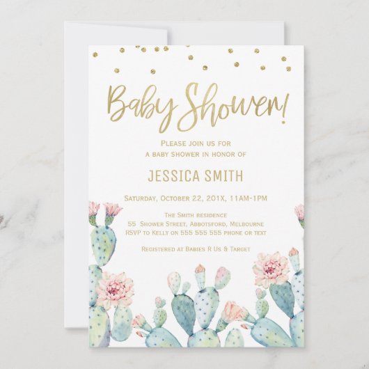 サボテン金ゴールド書道赤ちゃんシャワー招待状 招待状 (正面)
