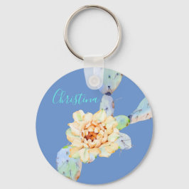 サボテン開花砂漠の花の水色 キーホルダー