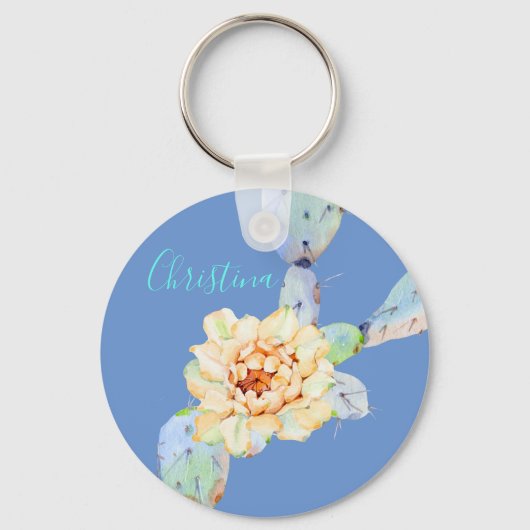 サボテン開花砂漠の花の水色 キーホルダー (正面)