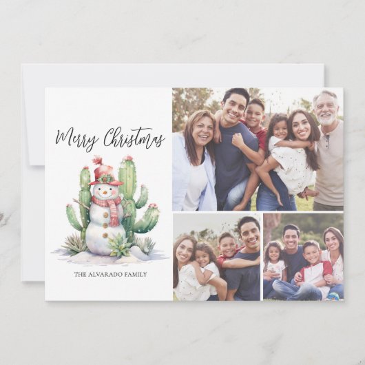 サボテン雪だるま写真メリークリスマス シーズンカード (正面)