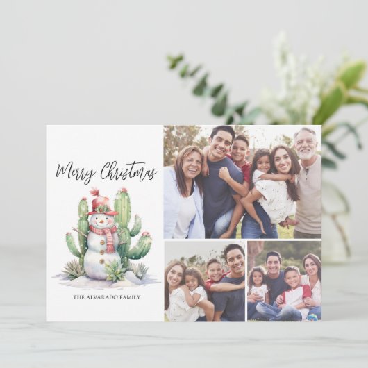 サボテン雪だるま写真メリークリスマス シーズンカード (スタンド正面)