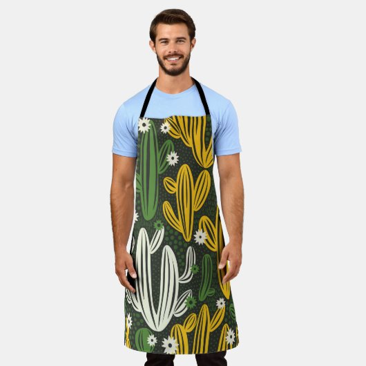 サボテン黒の背景ヴィンテージパターン エプロン (着用した状態)
