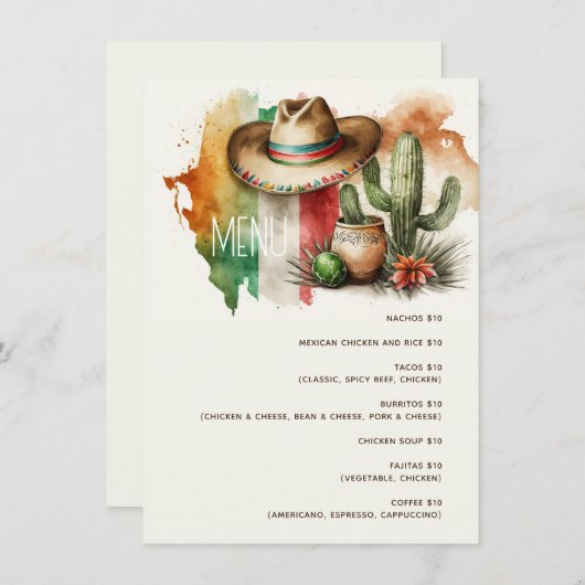 サボテン、ソンブレロ・フィエスタパーティー。メキシコ料理カフェ メニュー (正面/裏面)