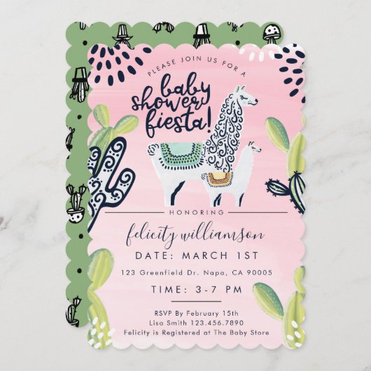 サボテン&ラマベビーガールシャワーフィエスタ招待状 招待状 (正面/裏面)