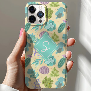 サボテン 多肉植物柄 モノグラム かわいい iPhone 15ケース