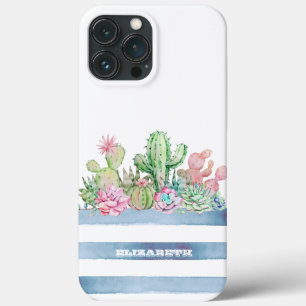 サボテン 多肉植物 花 ストライプ柄 iPhone 13 PRO MAXケース