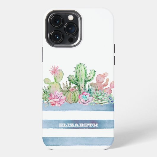 サボテン 多肉植物 花 ストライプ柄 iPhoneケース (裏面)