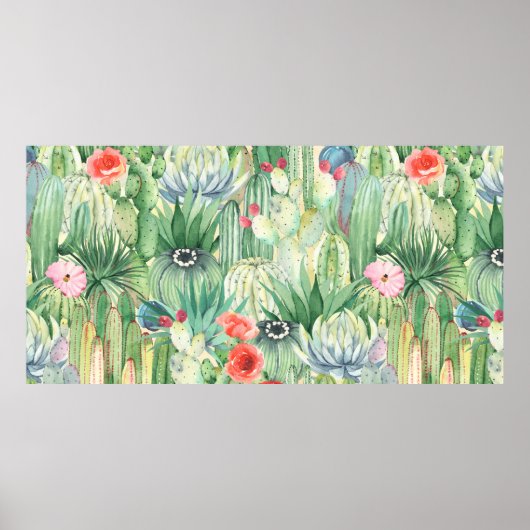 サボテン、多肉類及びシームレスフローラルパターン ポスター (正面)