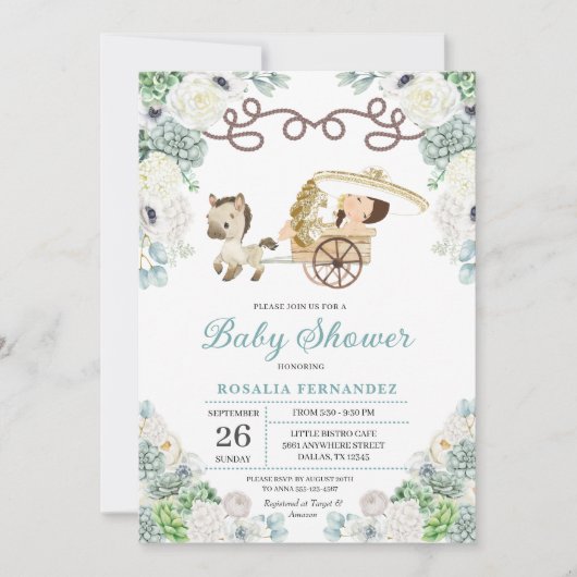 サボテン 花 メキシカン ベビーガール チャラ ベビーシャワー 招待状 (正面)