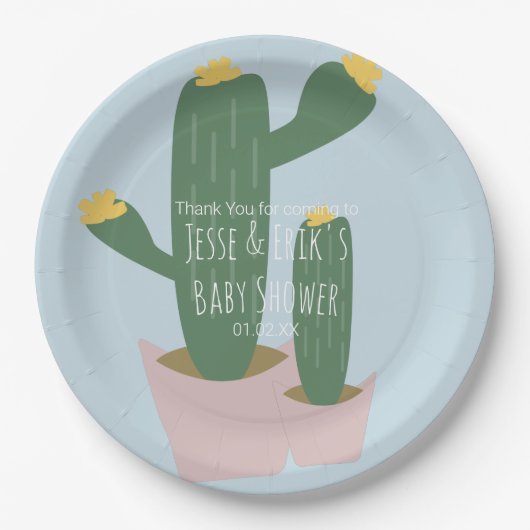 サボテンCupcakes赤ちゃんシャワーありがとう青 ペーパープレート (正面)