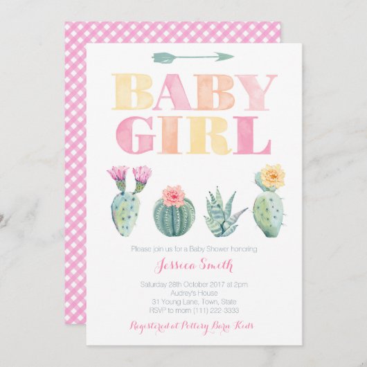 サボリはっきりしたス水彩赤ちゃんガールシャワー 招待状 (正面/裏面)