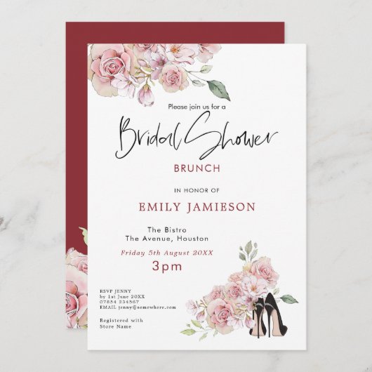 サマリーピンクの花スチルレットシューズブライダルシャワー 招待状 (正面/裏面)