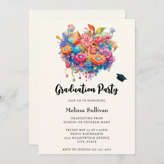 サマリーフラワーブーケお洒落ボホ卒業 招待状 (正面/裏面)