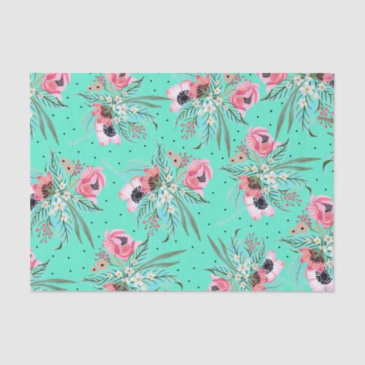 サマリーフローラルパターン – ティール(緑がかった色)ティッシュペーパー 薄葉紙 (正面)