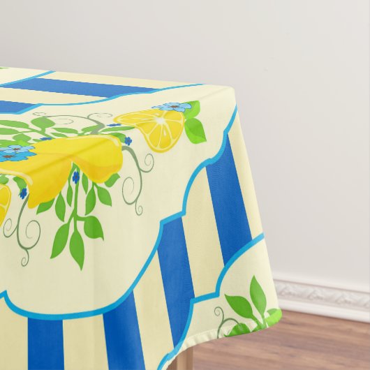 サマリーブルーストライプの&レモンと葉のパターン テーブルクロス (インサイチュ)