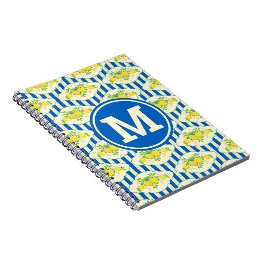 サマリーブルーストライプの&レモンと葉のパターン ノートブック (右側)