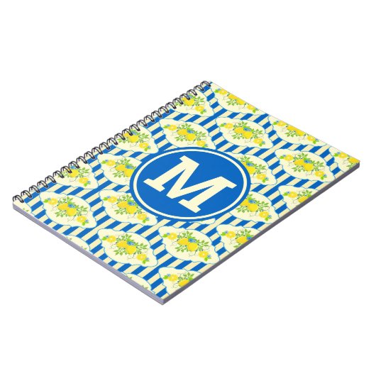 サマリーブルーストライプの&レモンと葉のパターン ノートブック (左側)