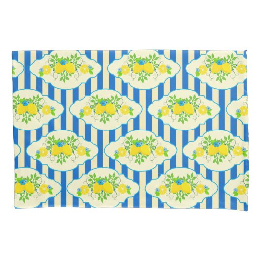 サマリーブルーストライプの&レモンと葉のパターン 枕カバー (正面)
