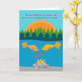 サマーおもしろいキャンプの子供たち魚の炒めウェニー カード (黄色い花)