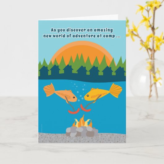 サマーおもしろいキャンプの子供たち魚の炒めウェニー カード (黄色い花)