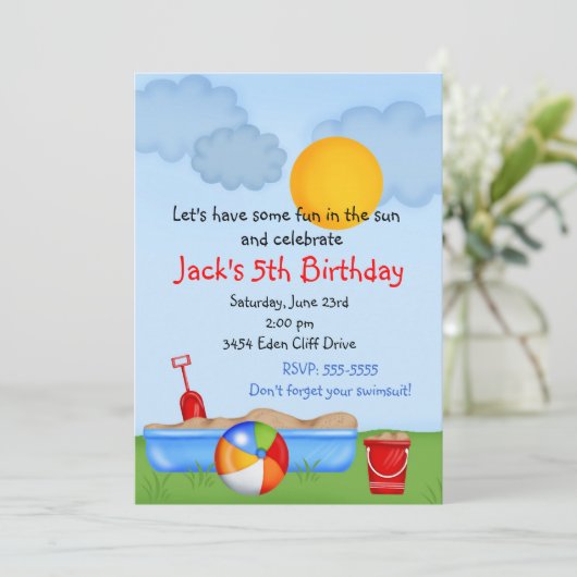 サマーおもしろいサンドボックス誕生日招待状 招待状 (スタンド正面)
