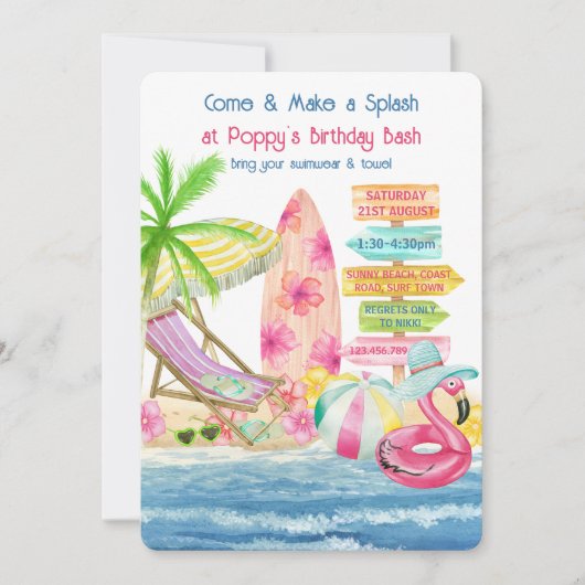 サマーおもしろいビーチアンドサーフガールズ誕生日 招待状 (正面)