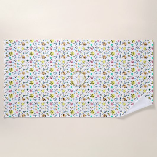 サマーおもしろいモノグラムビーチホリデードゥードルズデコール ビーチタオル (正面)