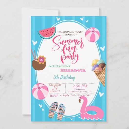 サマーのアイスクリーム　ワタメロン　プールおもちゃ　誕生日 招待状 (正面)