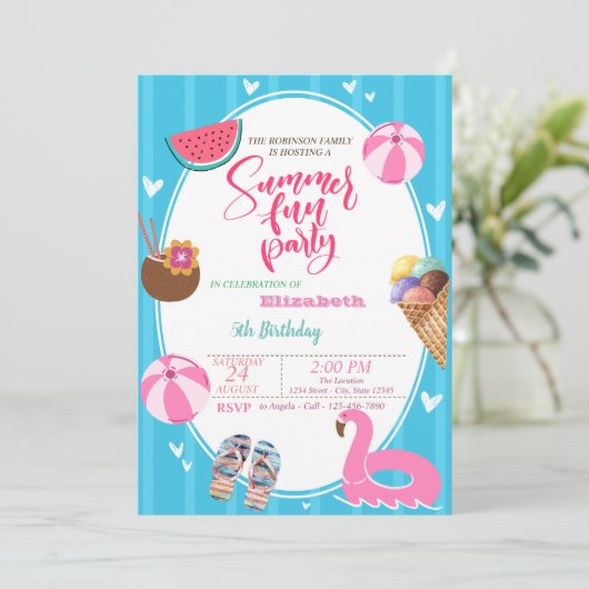 サマーのアイスクリーム　ワタメロン　プールおもちゃ　誕生日 招待状 (スタンド正面)