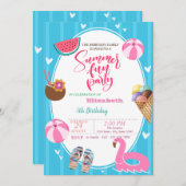 サマーのアイスクリーム　ワタメロン　プールおもちゃ　誕生日 招待状 (正面/裏面)