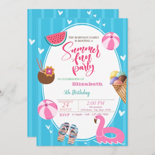 サマーのアイスクリーム　ワタメロン　プールおもちゃ　誕生日 招待状 (正面/裏面)