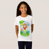 サマーの熱帯と海の背景の女の子 Tシャツ (正面フル)