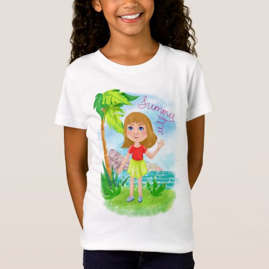 サマーの熱帯と海の背景の女の子 Tシャツ (正面)