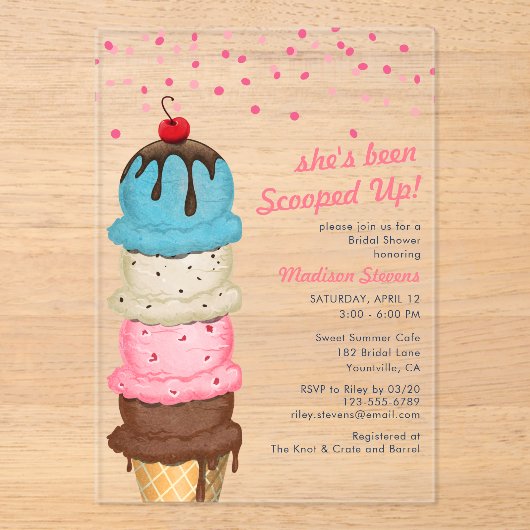 サマーアイスクリームウォーターモダンカラーブライダルシャワー アクリル招待状 (正面)