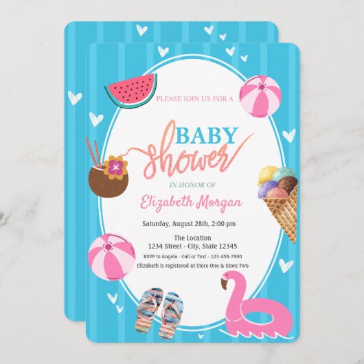 サマーアイスクリームスイカプールおもちゃ赤ちゃんシャワー 招待状 (正面/裏面)