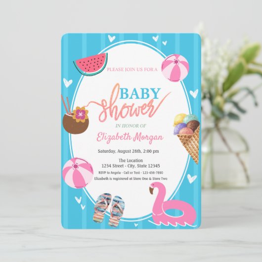 サマーアイスクリームスイカプールおもちゃ赤ちゃんシャワー 招待状 (スタンド正面)