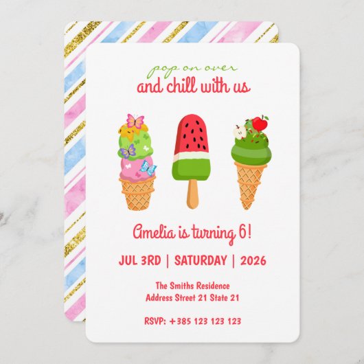 サマーアイスクリームポップシクル誕生日招待状 招待状 (正面/裏面)