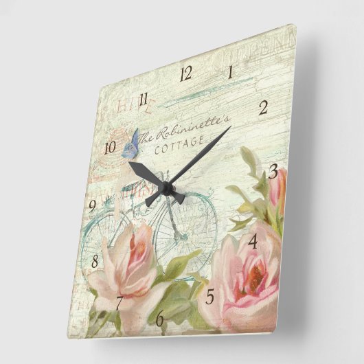 サマーアットザコテージバラ自転車バタフライミツバチ スクエア壁時計 (傾斜)