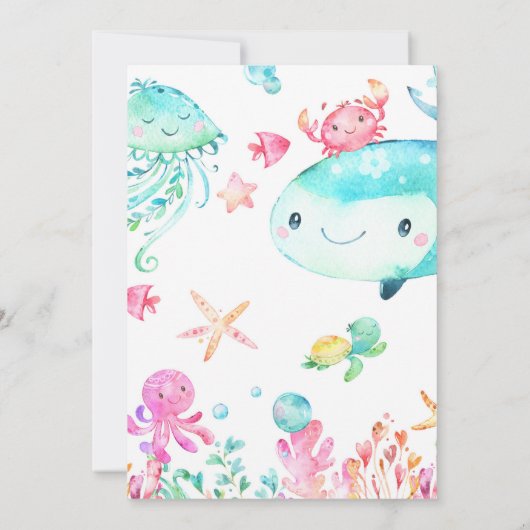 サマーアンダーザシーウォーターカラーガール誕生日 招待状 (裏面)