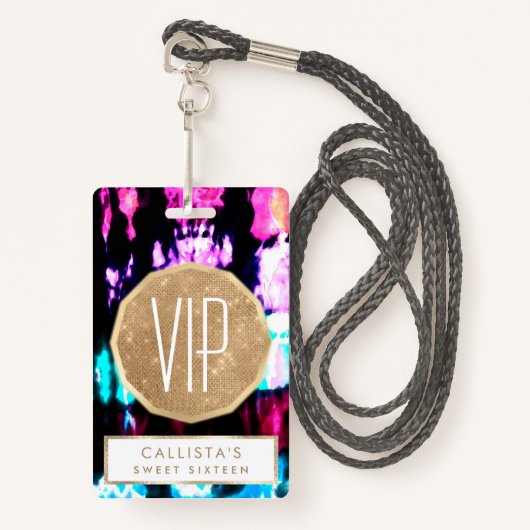 サマーアートティール(緑がかった色)ブラックカラフル絞り染めパターン バッジ (正面ランヤード)