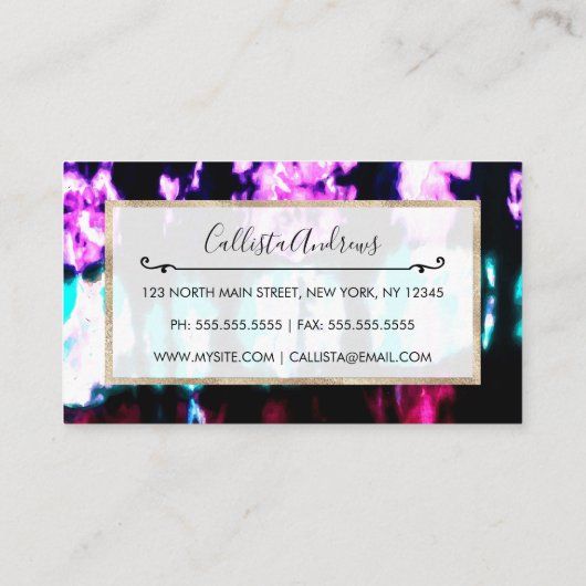 サマーアートティール（緑がかった色）ブラックカラフル絞り染めパターン 名刺 (裏面)