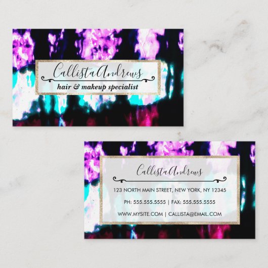 サマーアートティール（緑がかった色）ブラックカラフル絞り染めパターン 名刺 (正面/裏面)