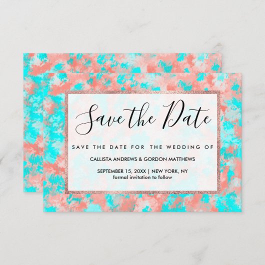 サマーアートモダンコーラルオレンジアクア抽象芸術 セーブザデート (正面/裏面)