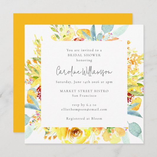 サマーイエローウォーター色フローラブライダルシャワー 招待状 (正面/裏面)
