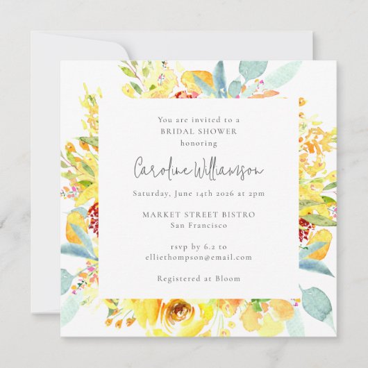 サマーイエローウォーター色フローラブライダルシャワー 招待状 (正面)