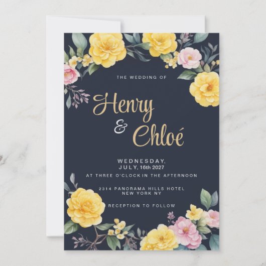 サマーイエローピンクミントネイビーブルーピーニー結婚ズ 招待状 (正面)
