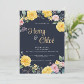 サマーイエローピンクミントネイビーブルーピーニー結婚ズ 招待状