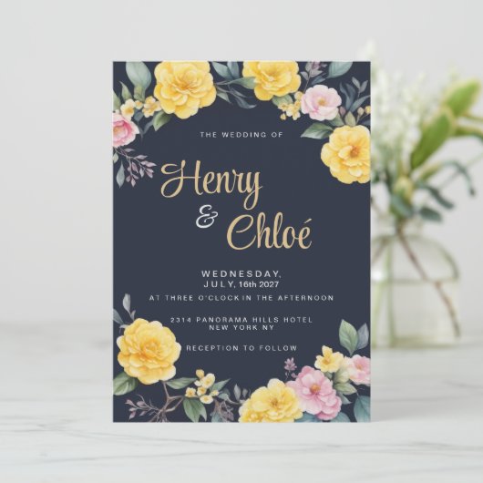 サマーイエローピンクミントネイビーブルーピーニー結婚ズ 招待状 (スタンド正面)